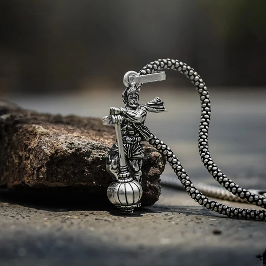 Hanuman Ji with Gada Silver Pendant Chain - Hanuman Raksha Kavach